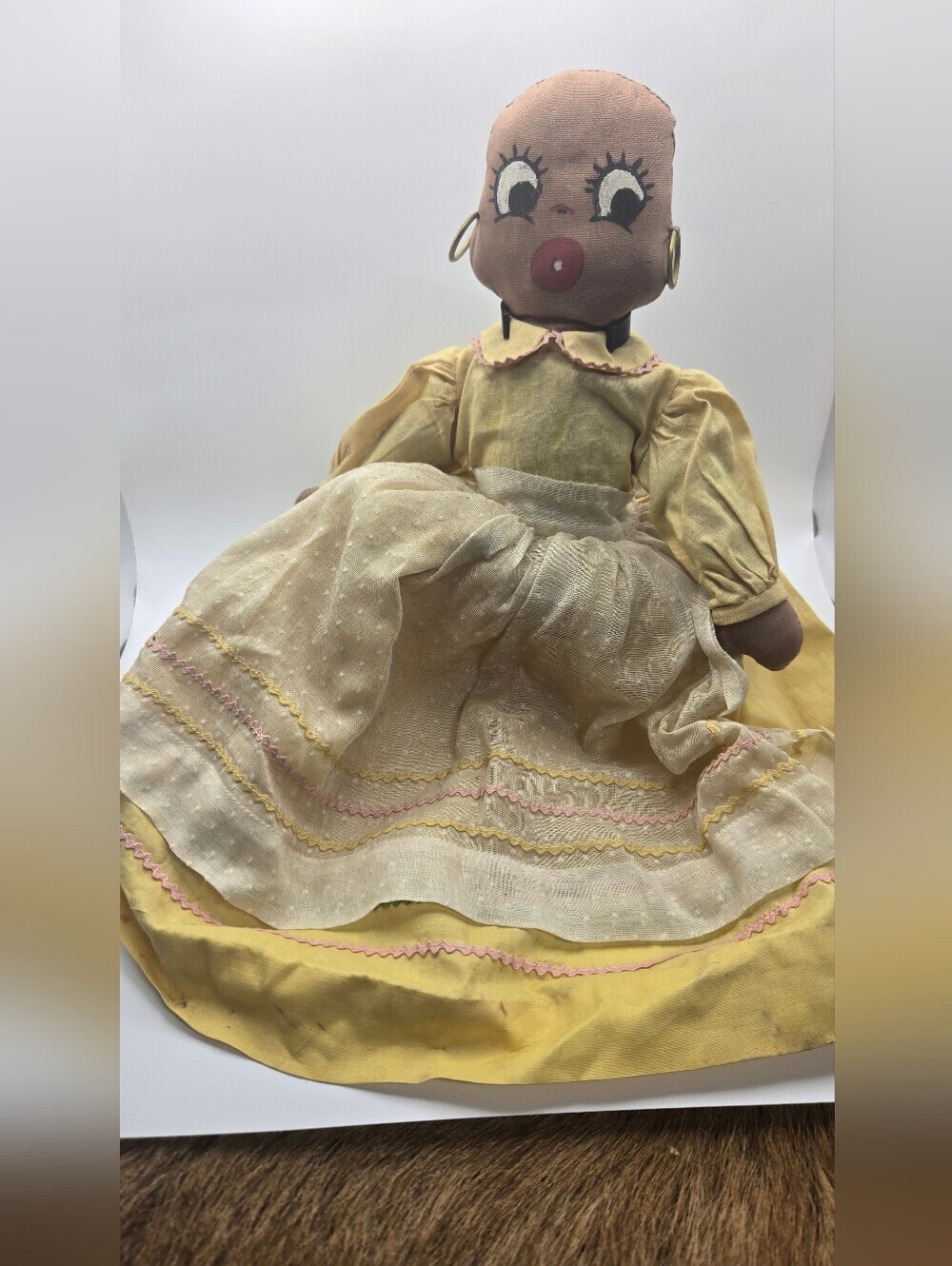 Vintage Americana Folk Art Countertop Doll In Yellow Dress Handmade